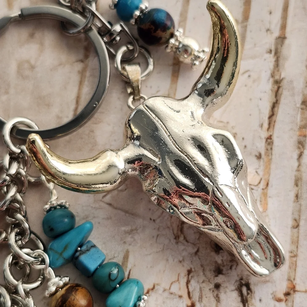 Southwest Cowgirl Purse Charm or Keychain Steer Skull Jasper Handcrafted